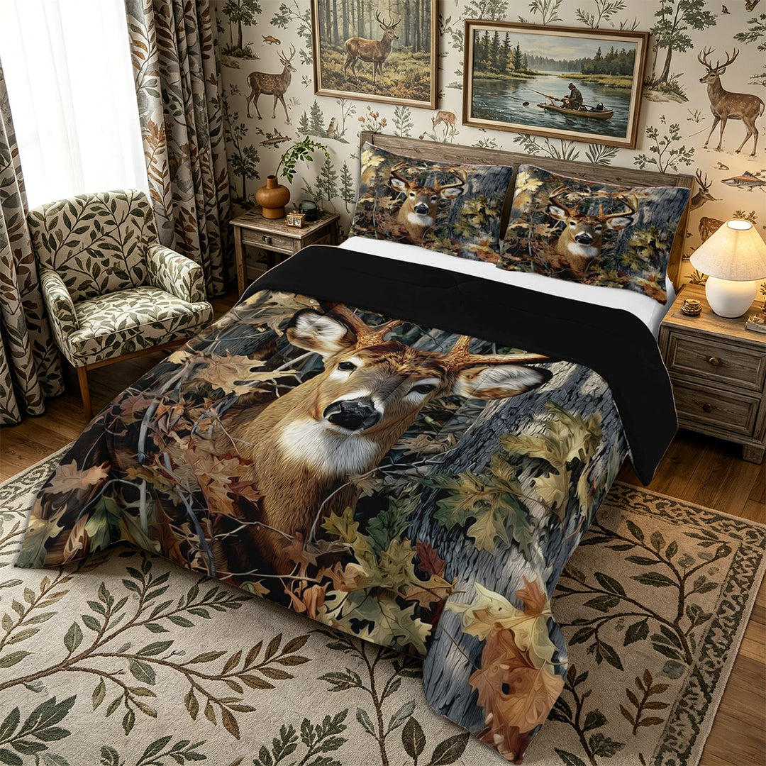 Meiyoeat Jungle Animal Deer Print King Size Comforter Sets 3pcs, Autumn Oak Leaves Pattern Comforters King Size, Brown Green,Black Reversible