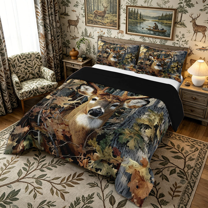 Meiyoeat Jungle Animal Deer Print King Size Comforter Sets 3pcs, Autumn Oak Leaves Pattern Comforters King Size, Brown Green,Black Reversible