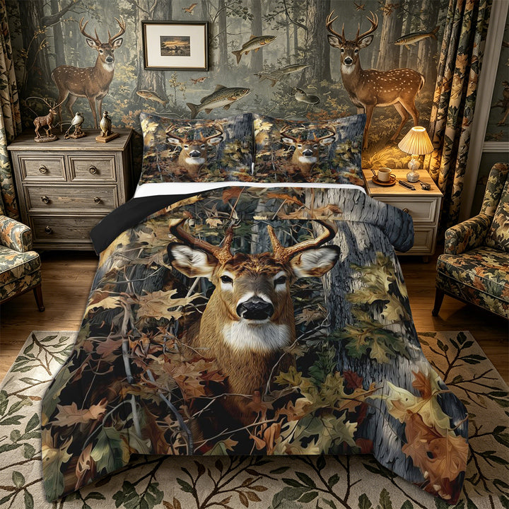 Meiyoeat Jungle Animal Deer Print King Size Comforter Sets 3pcs, Autumn Oak Leaves Pattern Comforters King Size, Brown Green,Black Reversible