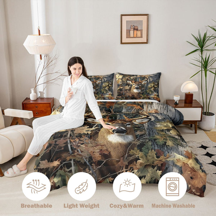 Meiyoeat Jungle Animal Deer Print King Size Comforter Sets 3pcs, Autumn Oak Leaves Pattern Comforters King Size, Brown Green,Black Reversible
