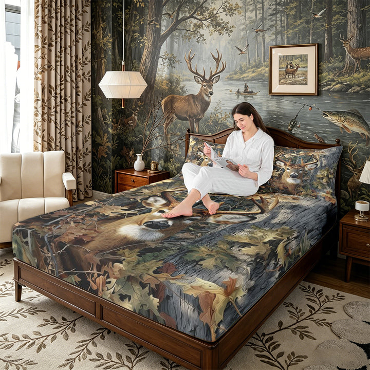 Meiyoeat Jungle Animal Deer Print King Sheets 4pcs, Autumn Oak Leaves Pattern Bedding, Brown Green