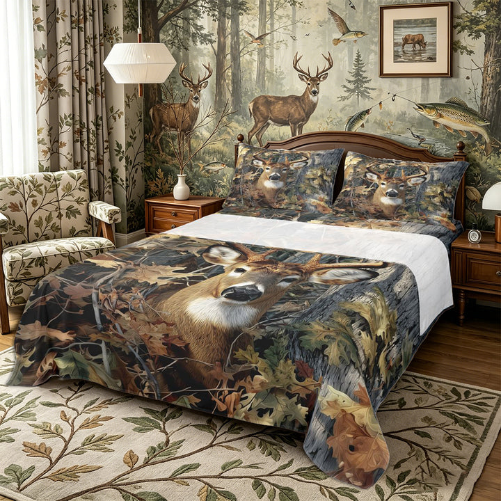 Meiyoeat Jungle Animal Deer Print King Sheets 4pcs, Autumn Oak Leaves Pattern Bedding, Brown Green