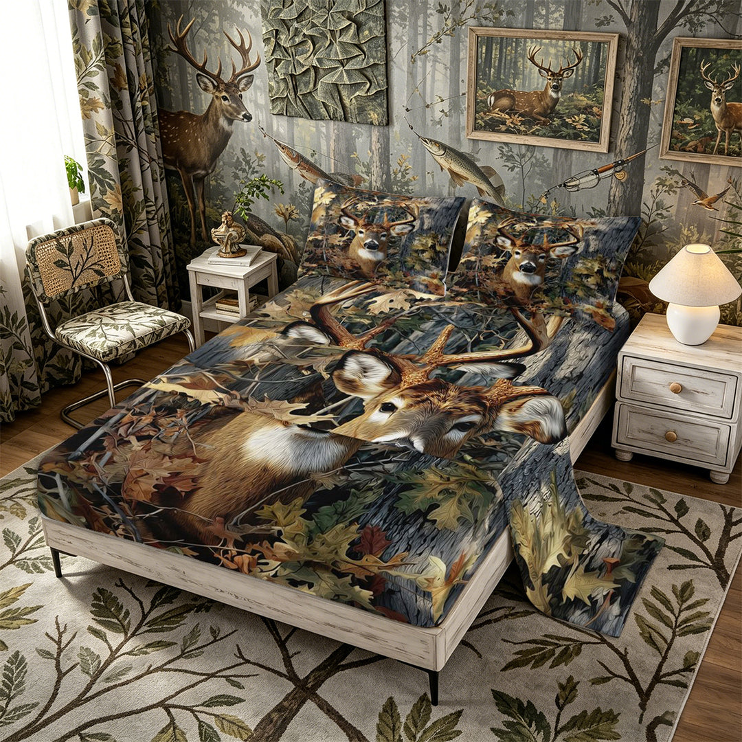 Meiyoeat Jungle Animal Deer Print King Sheets 4pcs, Autumn Oak Leaves Pattern Bedding, Brown Green