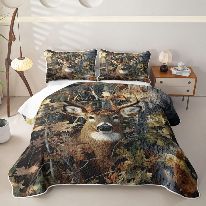 Meiyoeat Jungle Animal Deer Print Quilt King,Autumn Oak Leaves Pattern King Coverlet Set,Brown Green