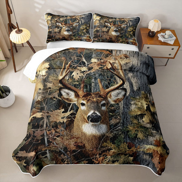 Meiyoeat Jungle Animal Deer Print Quilt King,Autumn Oak Leaves Pattern King Coverlet Set,Brown Green
