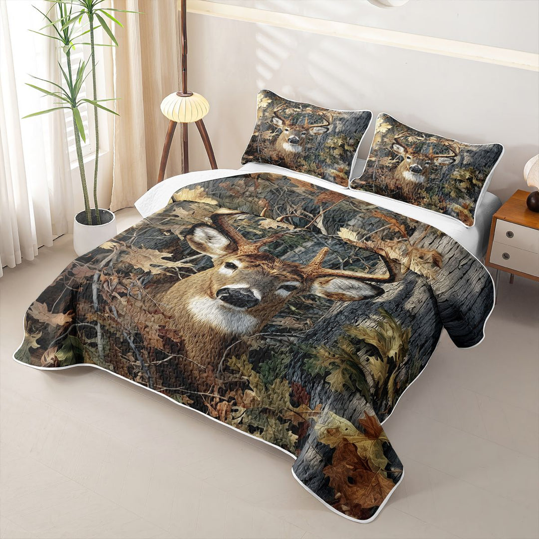 Meiyoeat Jungle Animal Deer Print Quilt King,Autumn Oak Leaves Pattern King Coverlet Set,Brown Green