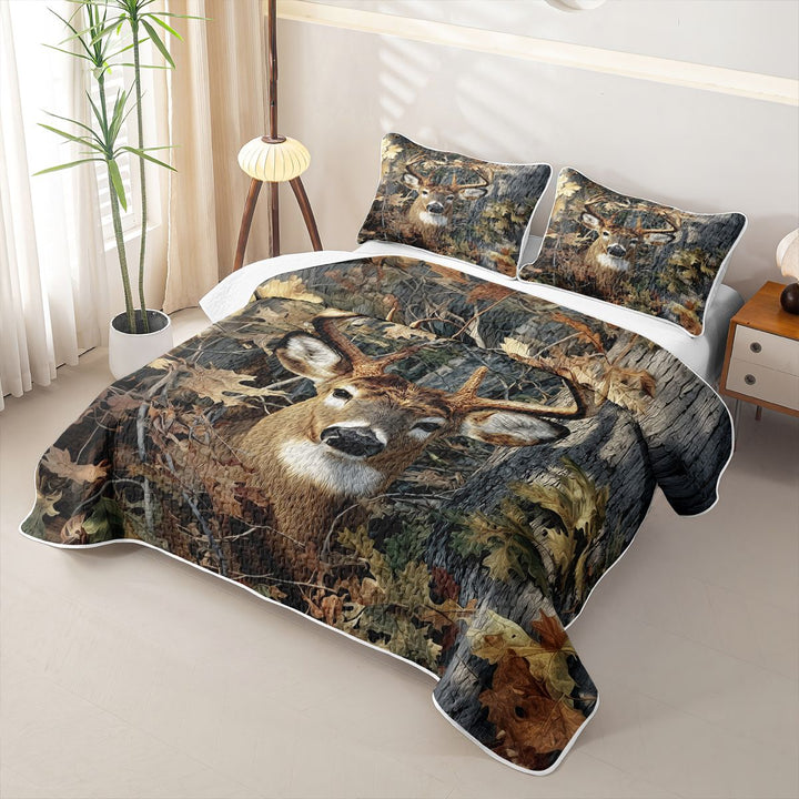 Meiyoeat Jungle Animal Deer Print Quilt King,Autumn Oak Leaves Pattern King Coverlet Set,Brown Green