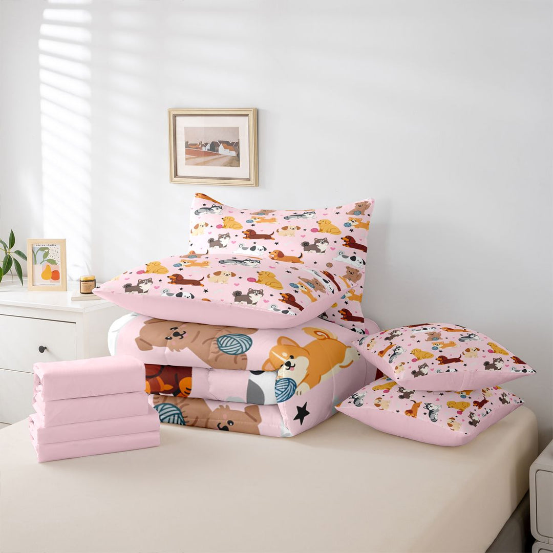 meiyoeat Cute Pet Dogs 7 Pieces Full Size Bedding Sets For Girls,Kawaii Animals Full Size Bed in a Bag For Kids,Pink Reversible