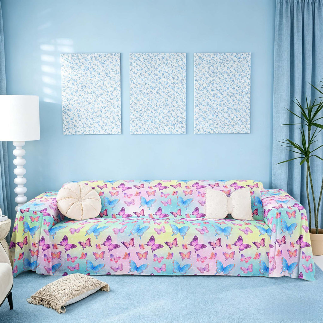 meiyoeat Blue Pink Butterfly Sofa Cover Slipcover 71x91, Rainbow Ombre Chair Loveseat Couch Cover