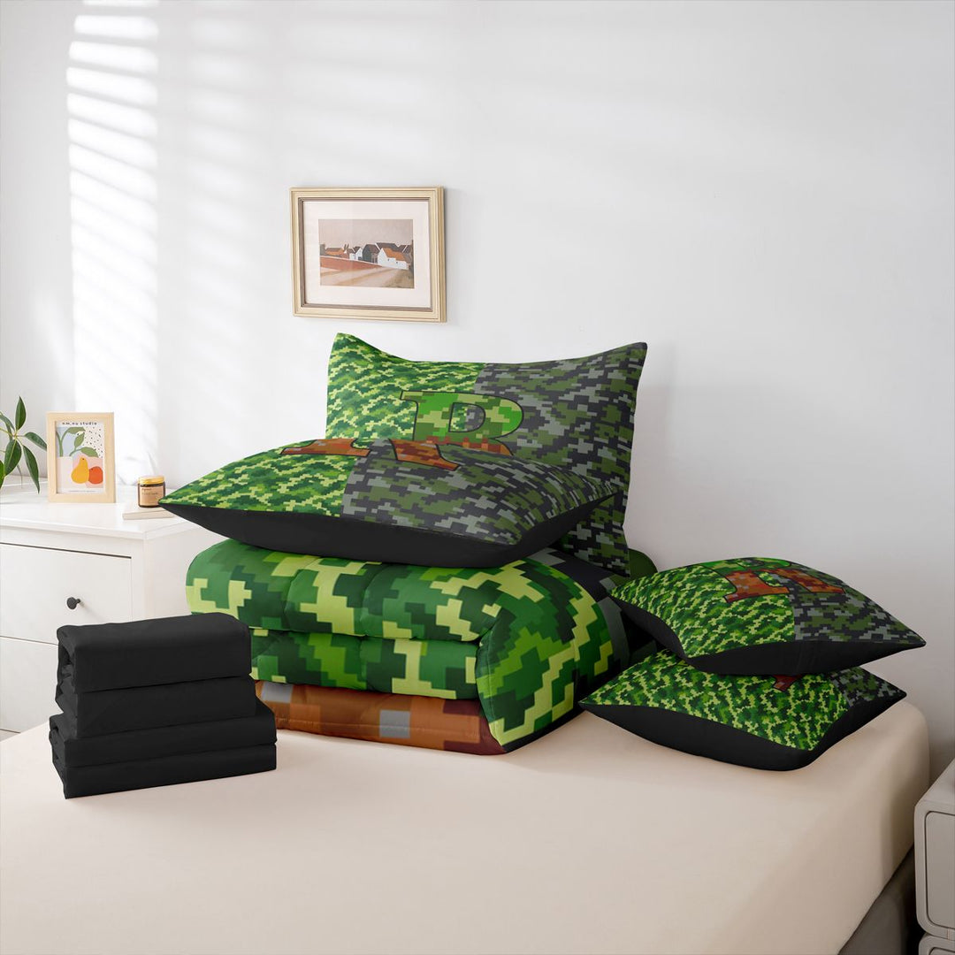 meiyoeat Personalized Pixelated Monogram R 7 Pieces Full Size Bedding Sets For Boys,Geometric Plaid Buffalo Initial Full Size Bed in a Bag,Black Reversible