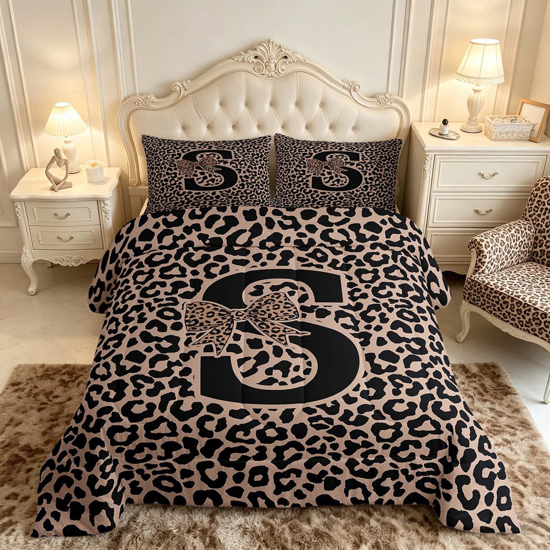 meiyoeat Leopard Print Bow Letter S Full Size Comforter Sets, Women Teens, Brown Animal Print Bedding Sets, Black Reversible 3pcs, 1 Comforter and 2 Pillowcases