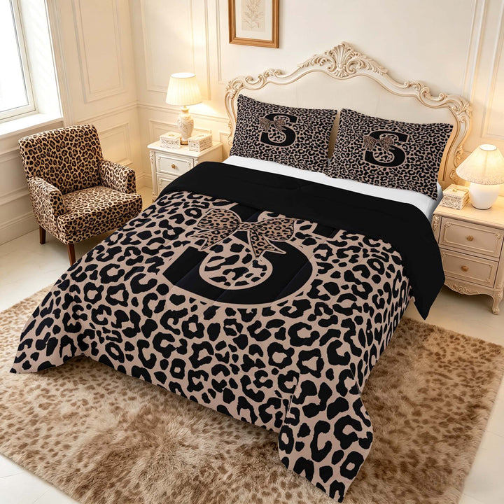 meiyoeat Leopard Print Bow Letter S Full Size Comforter Sets, Women Teens, Brown Animal Print Bedding Sets, Black Reversible 3pcs, 1 Comforter and 2 Pillowcases