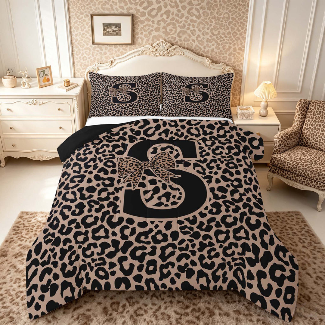 meiyoeat Leopard Print Bow Letter S Full Size Comforter Sets, Women Teens, Brown Animal Print Bedding Sets, Black Reversible 3pcs, 1 Comforter and 2 Pillowcases