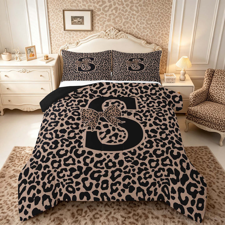meiyoeat Leopard Print Bow Letter S Full Size Comforter Sets, Women Teens, Brown Animal Print Bedding Sets, Black Reversible 3pcs, 1 Comforter and 2 Pillowcases