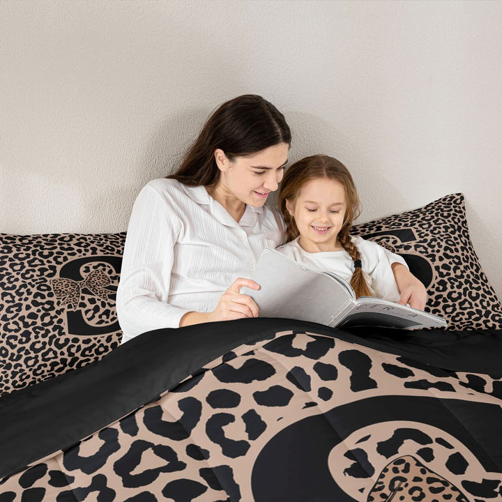 meiyoeat Leopard Print Bow Letter S Full Size Comforter Sets, Women Teens, Brown Animal Print Bedding Sets, Black Reversible 3pcs, 1 Comforter and 2 Pillowcases