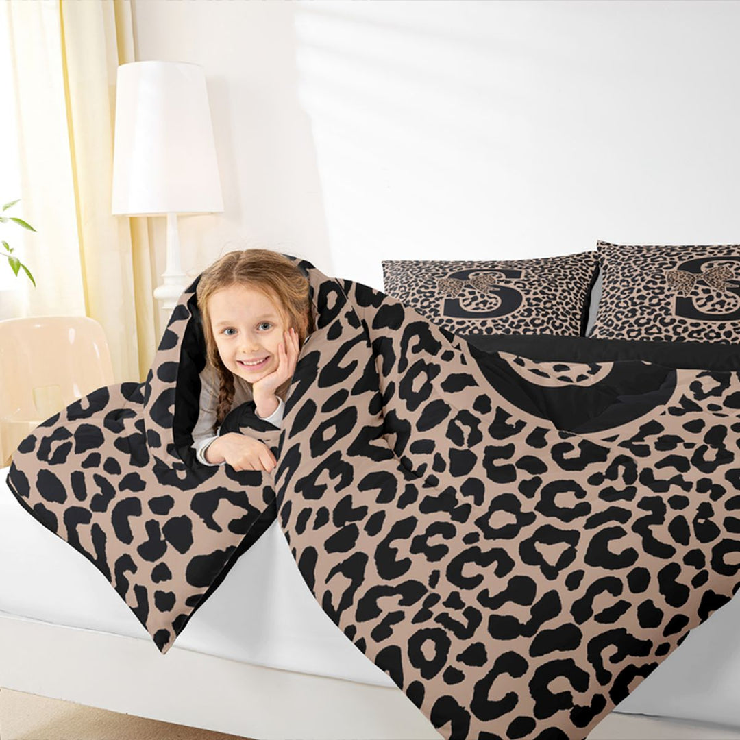 meiyoeat Leopard Print Bow Letter S Full Size Comforter Sets, Women Teens, Brown Animal Print Bedding Sets, Black Reversible 3pcs, 1 Comforter and 2 Pillowcases