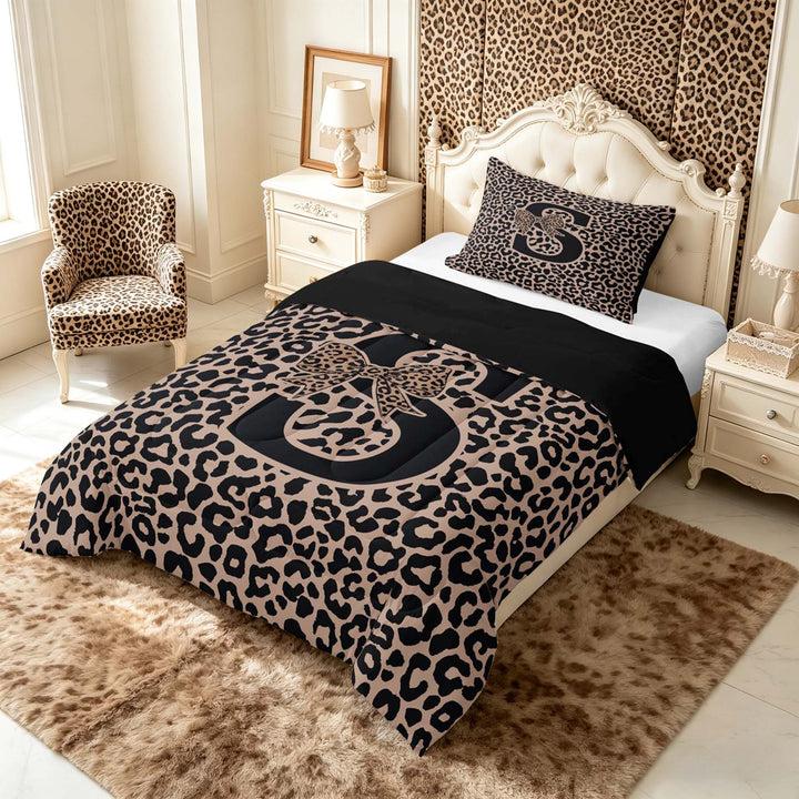 meiyoeat Leopard Print Bow Letter S Full Size Comforter Sets, Women Teens, Brown Animal Print Bedding Sets, Black Reversible 3pcs, 1 Comforter and 2 Pillowcases