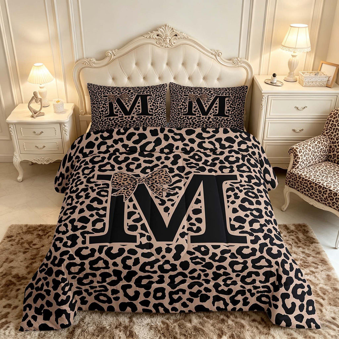 meiyoeat Leopard Print Bow Letter M Full Size Comforter Sets, Women Teens, Brown Animal Print Bedding Sets, Black Reversible 3pcs, 1 Comforter and 2 Pillowcases
