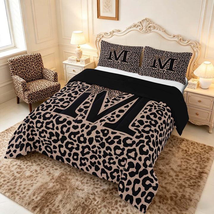 meiyoeat Leopard Print Bow Letter M Full Size Comforter Sets, Women Teens, Brown Animal Print Bedding Sets, Black Reversible 3pcs, 1 Comforter and 2 Pillowcases