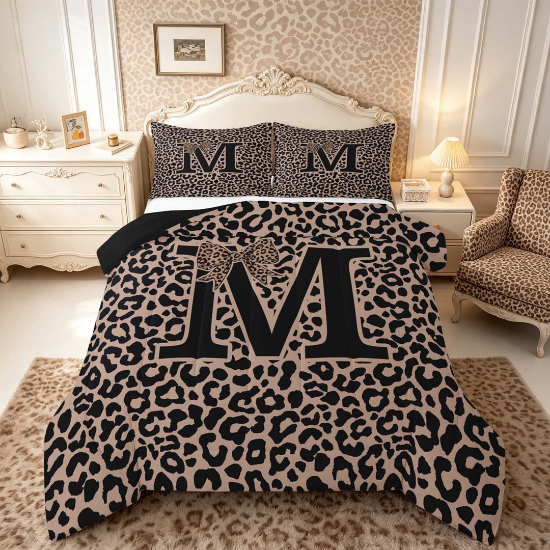 meiyoeat Leopard Print Bow Letter M Full Size Comforter Sets, Women Teens, Brown Animal Print Bedding Sets, Black Reversible 3pcs, 1 Comforter and 2 Pillowcases