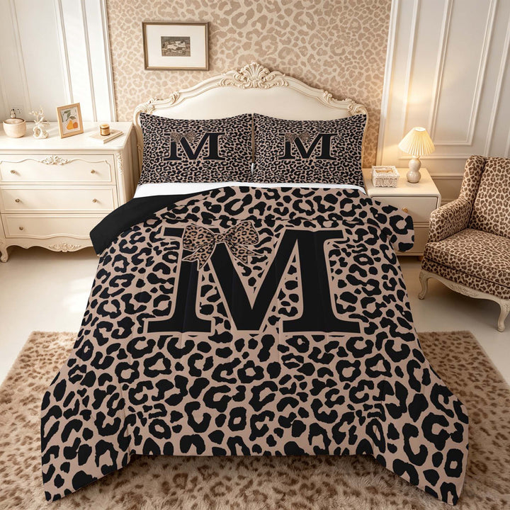 meiyoeat Leopard Print Bow Letter M Full Size Comforter Sets, Women Teens, Brown Animal Print Bedding Sets, Black Reversible 3pcs, 1 Comforter and 2 Pillowcases