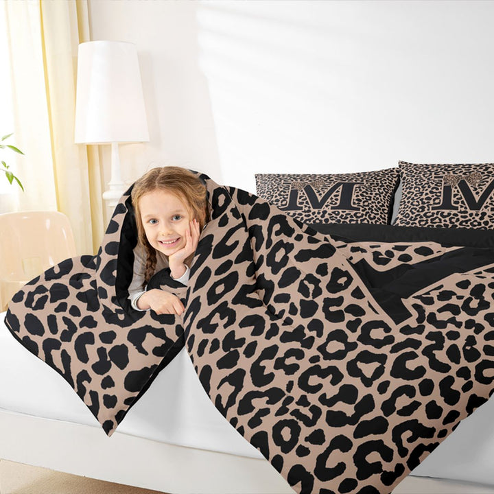 meiyoeat Leopard Print Bow Letter M Full Size Comforter Sets, Women Teens, Brown Animal Print Bedding Sets, Black Reversible 3pcs, 1 Comforter and 2 Pillowcases