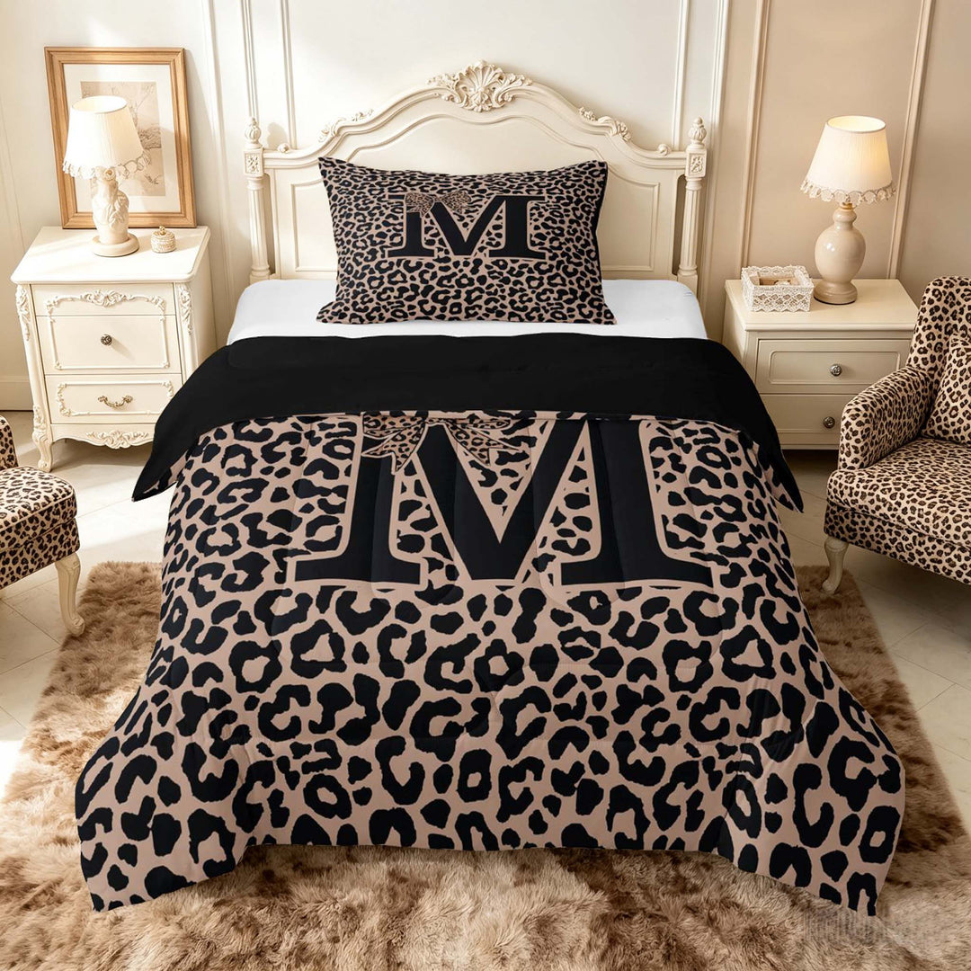 meiyoeat Leopard Print Bow Letter M Full Size Comforter Sets, Women Teens, Brown Animal Print Bedding Sets, Black Reversible 3pcs, 1 Comforter and 2 Pillowcases