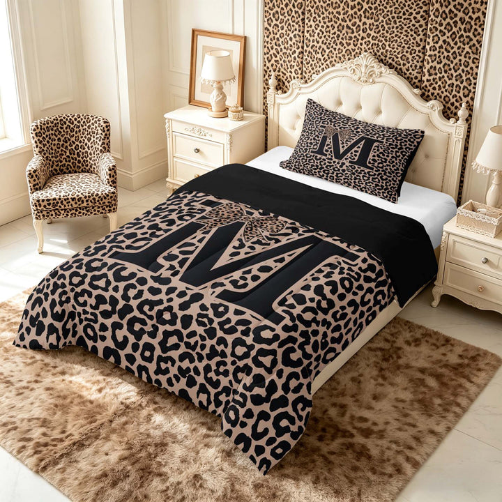 meiyoeat Leopard Print Bow Letter M Full Size Comforter Sets, Women Teens, Brown Animal Print Bedding Sets, Black Reversible 3pcs, 1 Comforter and 2 Pillowcases