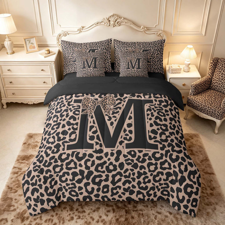 meiyoeat Leopard Print Bow Letter M Bedding Comforter Set, Women Teens, Brown Animal Print Full Bedding Set, Black Reversible 7pcs
