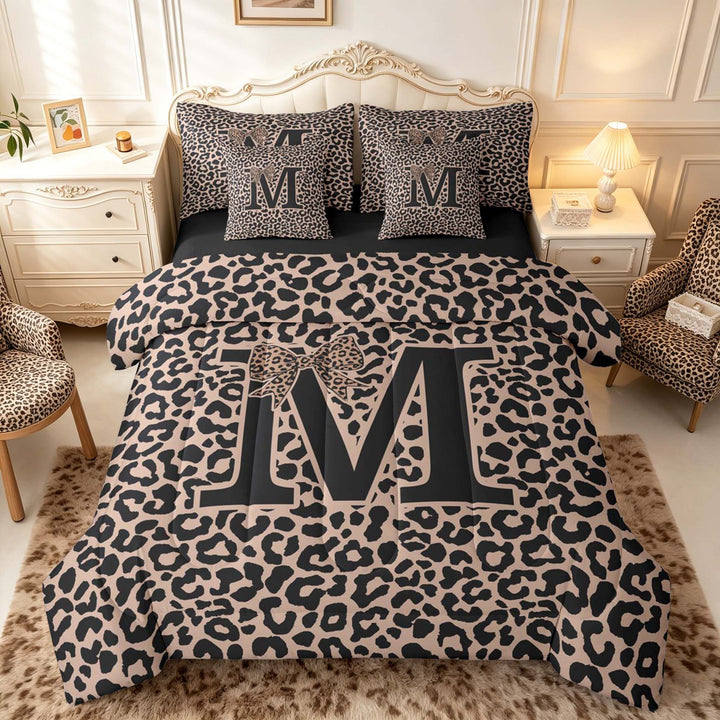 meiyoeat Leopard Print Bow Letter M Bedding Comforter Set, Women Teens, Brown Animal Print Full Bedding Set, Black Reversible 7pcs