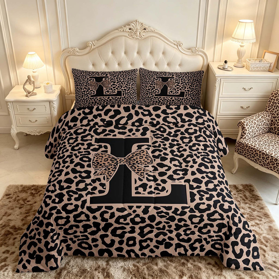 meiyoeat Leopard Print Bow Letter L Full Size Comforter Sets, Women Teens, Brown Animal Print Bedding Sets, Black Reversible 3 Pieces, 1 Comforter and 2 Pillowcases