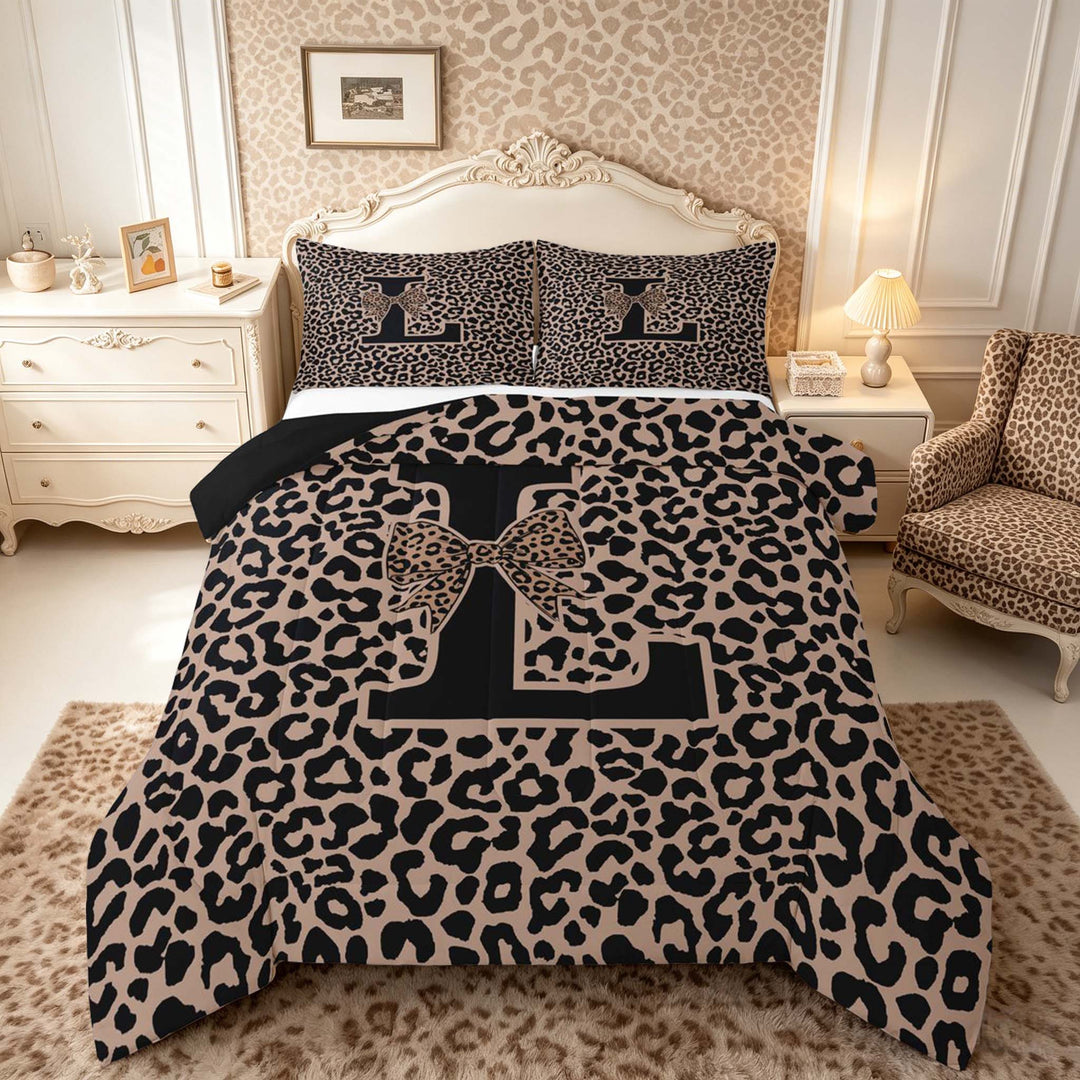 meiyoeat Leopard Print Bow Letter L Full Size Comforter Sets, Women Teens, Brown Animal Print Bedding Sets, Black Reversible 3 Pieces, 1 Comforter and 2 Pillowcases