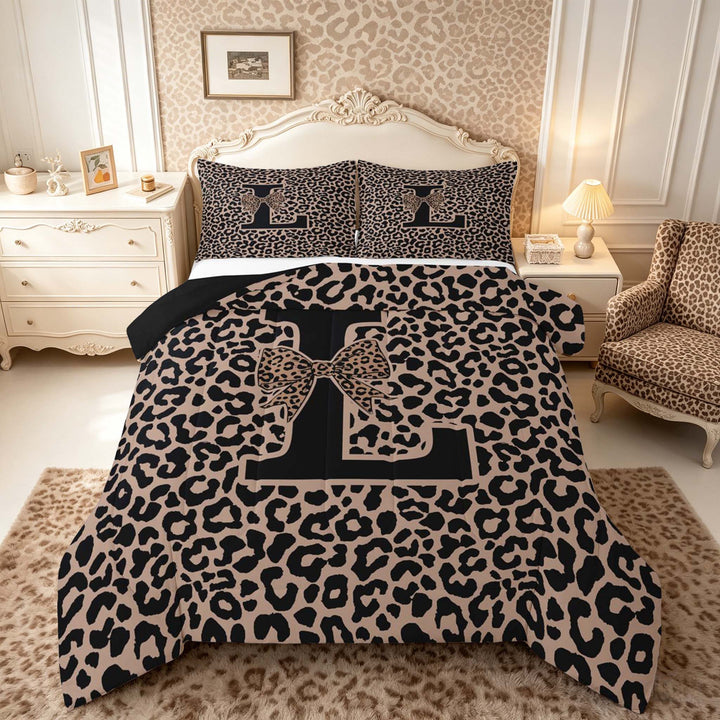 meiyoeat Leopard Print Bow Letter L Full Size Comforter Sets, Women Teens, Brown Animal Print Bedding Sets, Black Reversible 3 Pieces, 1 Comforter and 2 Pillowcases