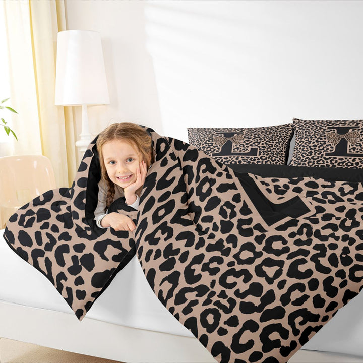 meiyoeat Leopard Print Bow Letter L Full Size Comforter Sets, Women Teens, Brown Animal Print Bedding Sets, Black Reversible 3 Pieces, 1 Comforter and 2 Pillowcases