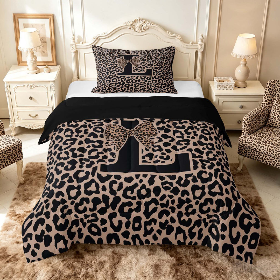 meiyoeat Leopard Print Bow Letter L Full Size Comforter Sets, Women Teens, Brown Animal Print Bedding Sets, Black Reversible 3 Pieces, 1 Comforter and 2 Pillowcases
