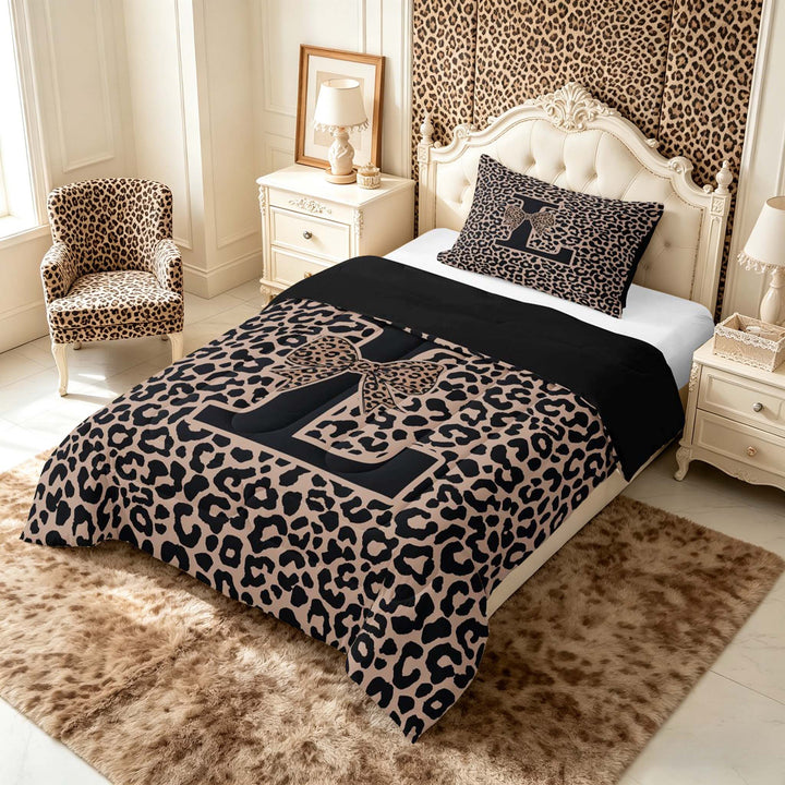 meiyoeat Leopard Print Bow Letter L Full Size Comforter Sets, Women Teens, Brown Animal Print Bedding Sets, Black Reversible 3 Pieces, 1 Comforter and 2 Pillowcases