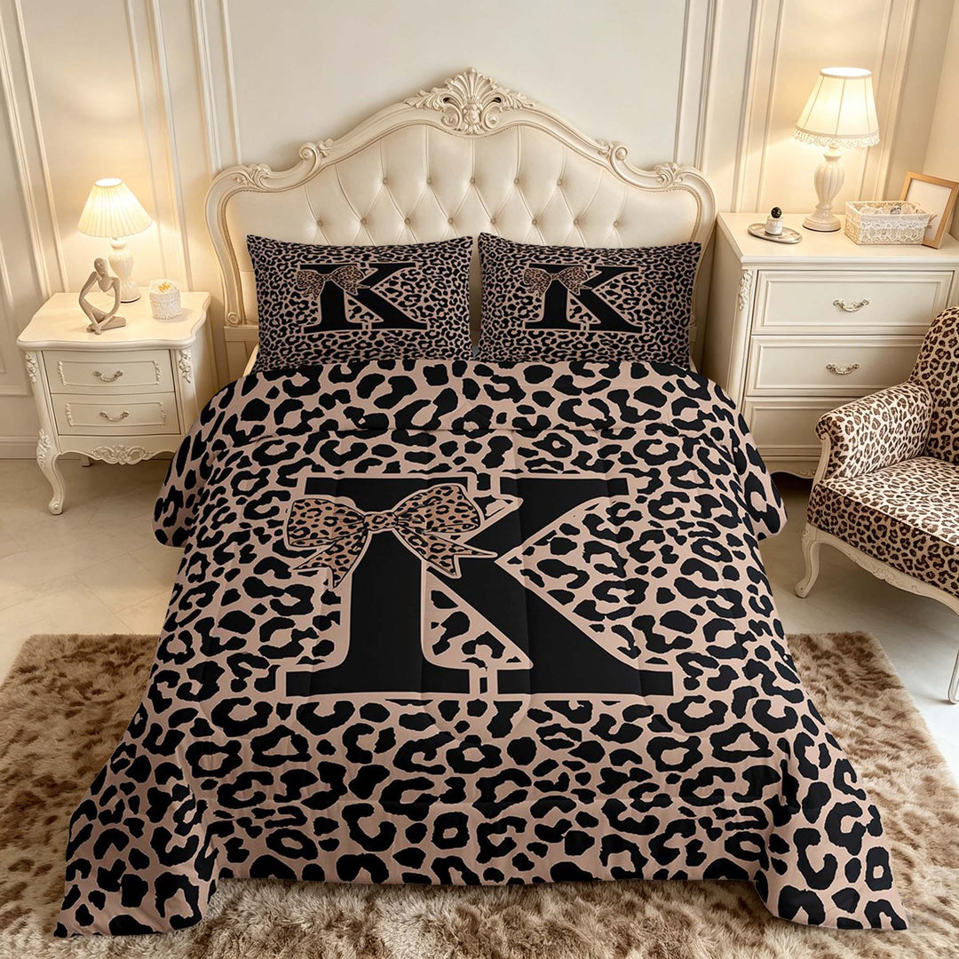 meiyoeat Leopard Print Bow Letter K Full Size Comforter Sets, Women Teens, Brown Animal Print Bedding Sets, Black Reversible 3-Piece, 1 Comforter and 2 Pillowcases