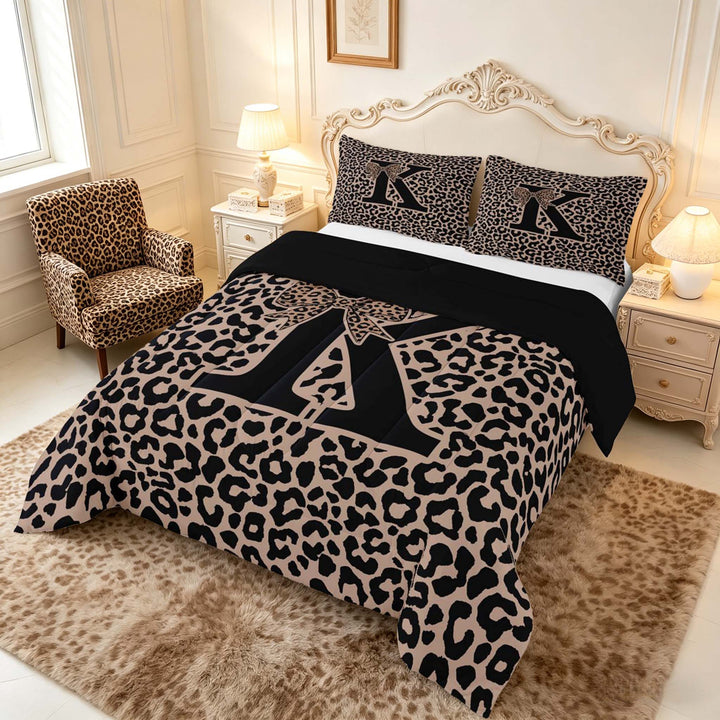 meiyoeat Leopard Print Bow Letter K Full Size Comforter Sets, Women Teens, Brown Animal Print Bedding Sets, Black Reversible 3-Piece, 1 Comforter and 2 Pillowcases