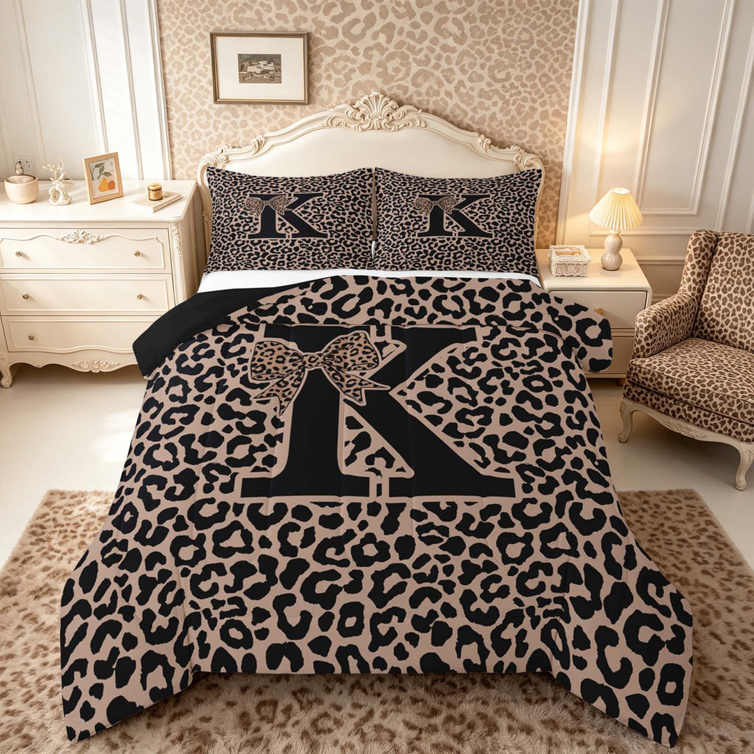 meiyoeat Leopard Print Bow Letter K Full Size Comforter Sets, Women Teens, Brown Animal Print Bedding Sets, Black Reversible 3-Piece, 1 Comforter and 2 Pillowcases
