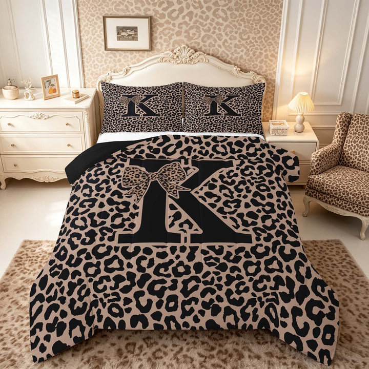 meiyoeat Leopard Print Bow Letter K Full Size Comforter Sets, Women Teens, Brown Animal Print Bedding Sets, Black Reversible 3-Piece, 1 Comforter and 2 Pillowcases