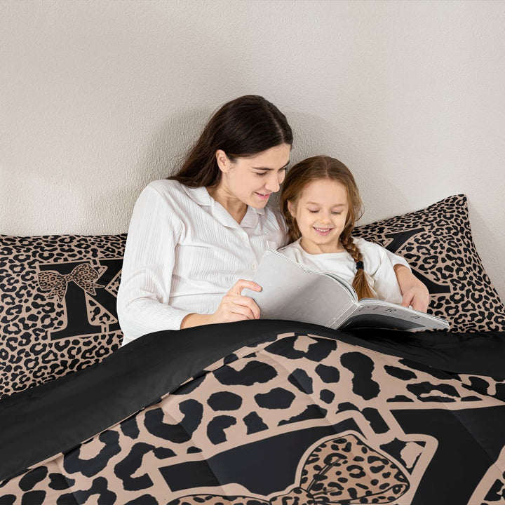 meiyoeat Leopard Print Bow Letter K Full Size Comforter Sets, Women Teens, Brown Animal Print Bedding Sets, Black Reversible 3-Piece, 1 Comforter and 2 Pillowcases
