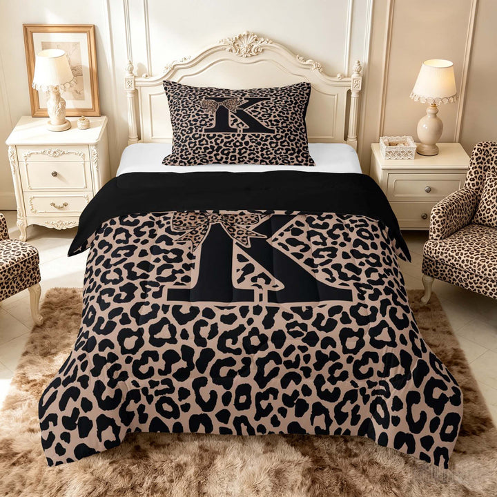 meiyoeat Leopard Print Bow Letter K Full Size Comforter Sets, Women Teens, Brown Animal Print Bedding Sets, Black Reversible 3-Piece, 1 Comforter and 2 Pillowcases