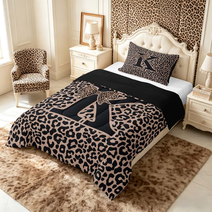 meiyoeat Leopard Print Bow Letter K Full Size Comforter Sets, Women Teens, Brown Animal Print Bedding Sets, Black Reversible 3-Piece, 1 Comforter and 2 Pillowcases