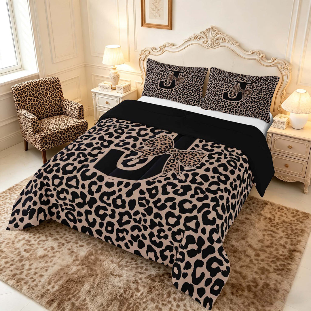 meiyoeat Leopard Print Bow Letter J Full Size Comforter Sets, Women Teens, Brown Animal Print Bedding Sets, Black Reversible 3pcs, 1 Comforter and 2 Pillowcases