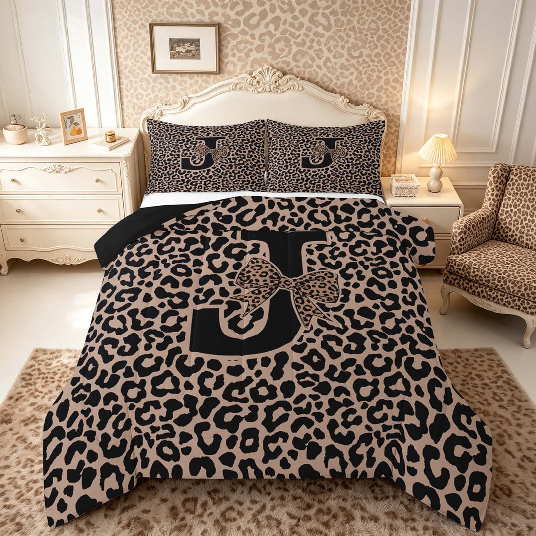 meiyoeat Leopard Print Bow Letter J Full Size Comforter Sets, Women Teens, Brown Animal Print Bedding Sets, Black Reversible 3pcs, 1 Comforter and 2 Pillowcases