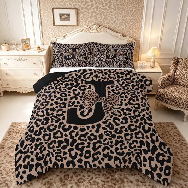 meiyoeat Leopard Print Bow Letter J Full Size Comforter Sets, Women Teens, Brown Animal Print Bedding Sets, Black Reversible 3pcs, 1 Comforter and 2 Pillowcases
