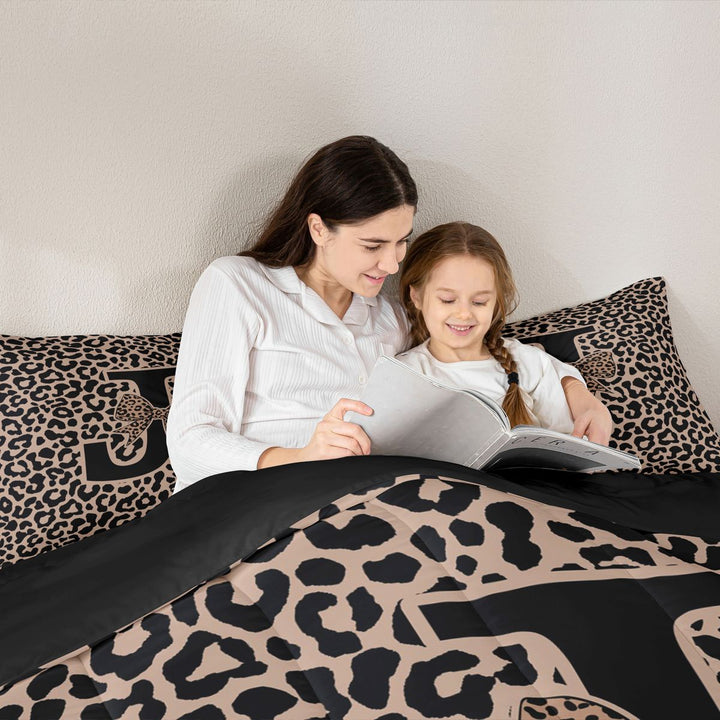 meiyoeat Leopard Print Bow Letter J Full Size Comforter Sets, Women Teens, Brown Animal Print Bedding Sets, Black Reversible 3pcs, 1 Comforter and 2 Pillowcases