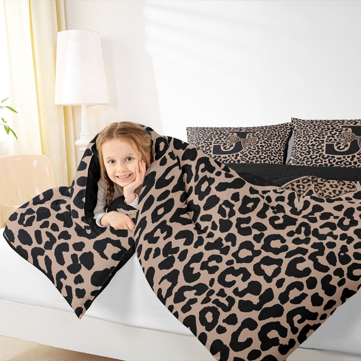 meiyoeat Leopard Print Bow Letter J Bedding Comforter Set, Women Teens, Brown Animal Print Full Bedding Set, Black Reversible 7pcs