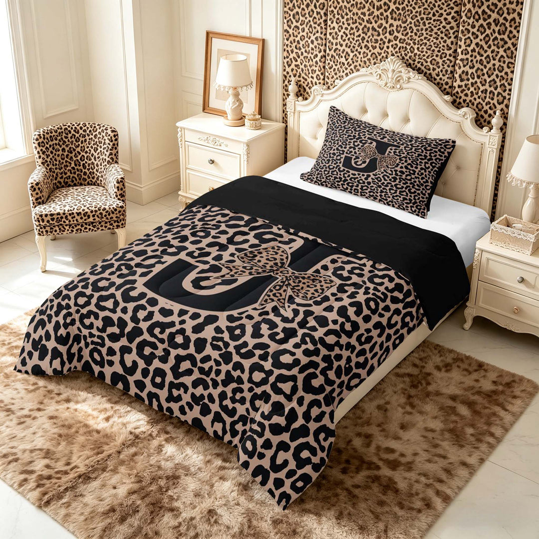meiyoeat Leopard Print Bow Letter J Full Size Comforter Sets, Women Teens, Brown Animal Print Bedding Sets, Black Reversible 3pcs, 1 Comforter and 2 Pillowcases