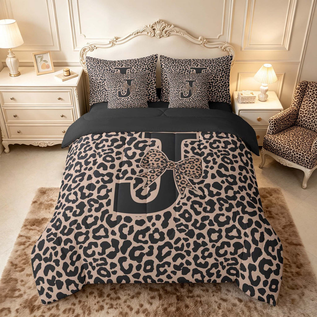 meiyoeat Leopard Print Bow Letter J Bedding Comforter Set, Women Teens, Brown Animal Print Full Bedding Set, Black Reversible 7pcs